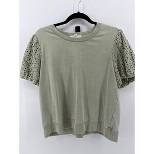 Jane Delancey Top, Green Acid Wash Eyelet Lace, Puff Sleeve Boho, Women's Size L